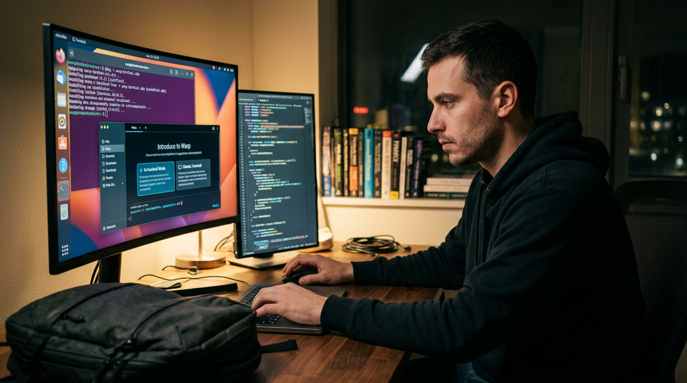 Un desarrollador configura Warp Terminal en un sistema Ubuntu, resaltando su interfaz avanzada con asistencia de IA. La escena captura la modernización de la línea de comandos en Linux, enfocándose en herramientas de productividad que integran gestión de sesiones y flujos de trabajo inteligentes.